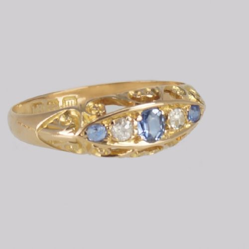 ANTIQUE SAPPHIRE OLD CUT DIAMOND RING 18CT GOLD BOAT RING BIRMINGHAM 1911 - ADDITIONAL PHOTO 2