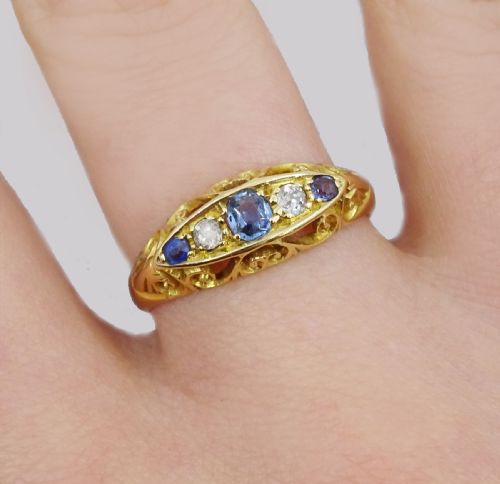 ANTIQUE SAPPHIRE OLD CUT DIAMOND RING 18CT GOLD BOAT RING BIRMINGHAM 1911 - ADDITIONAL PHOTO 4