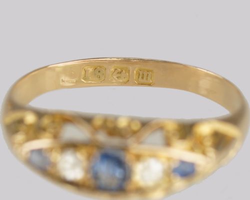 ANTIQUE SAPPHIRE OLD CUT DIAMOND RING 18CT GOLD BOAT RING BIRMINGHAM 1911 - ADDITIONAL PHOTO 8