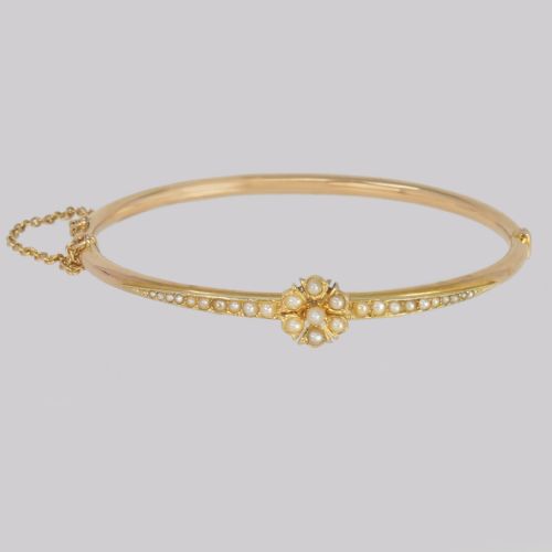 belle epoque 15ct gold pearl bangle edwardian antique pearl bracelet circa 1905 - CATEGORY: ANTIQUE JEWELLERY - DATED VICTORIAN