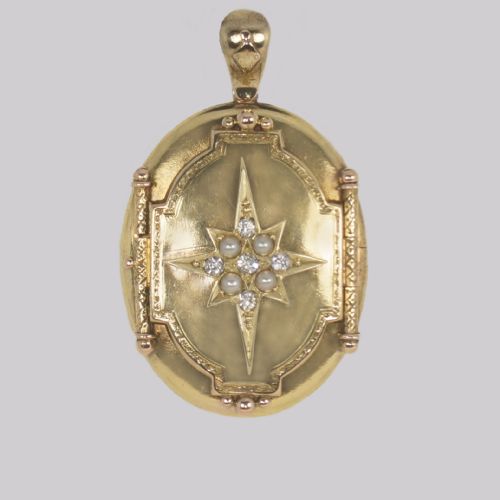 victorian old cut diamond pearl locket 18ct gold star motif photo locket - CATEGORY: ANTIQUE JEWELLERY - DATED VICTORIAN
