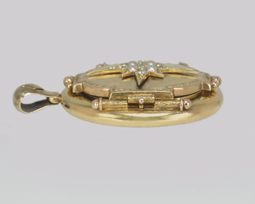 VICTORIAN OLD CUT DIAMOND PEARL LOCKET 18CT GOLD STAR MOTIF PHOTO LOCKET - ADDITIONAL PHOTO 5
