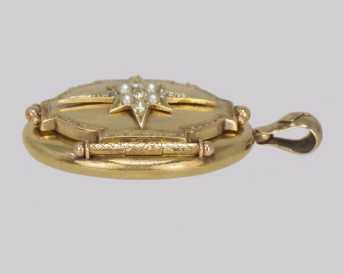 VICTORIAN OLD CUT DIAMOND PEARL LOCKET 18CT GOLD STAR MOTIF PHOTO LOCKET - ADDITIONAL PHOTO 6