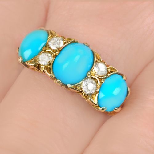 ANTIQUE TURQUOISE OLD CUT DIAMOND RING 18CT GOLD EDWARDIAN RING HALLMARKED BIRMINGHAM 1909 - ADDITIONAL PHOTO 1