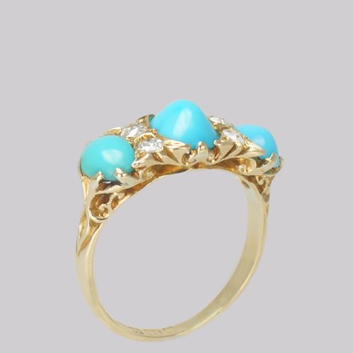ANTIQUE TURQUOISE OLD CUT DIAMOND RING 18CT GOLD EDWARDIAN RING HALLMARKED BIRMINGHAM 1909 - ADDITIONAL PHOTO 2