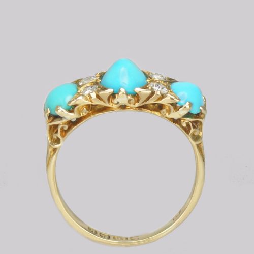 ANTIQUE TURQUOISE OLD CUT DIAMOND RING 18CT GOLD EDWARDIAN RING HALLMARKED BIRMINGHAM 1909 - ADDITIONAL PHOTO 3