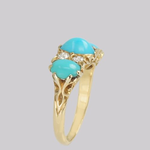 ANTIQUE TURQUOISE OLD CUT DIAMOND RING 18CT GOLD EDWARDIAN RING HALLMARKED BIRMINGHAM 1909 - ADDITIONAL PHOTO 4