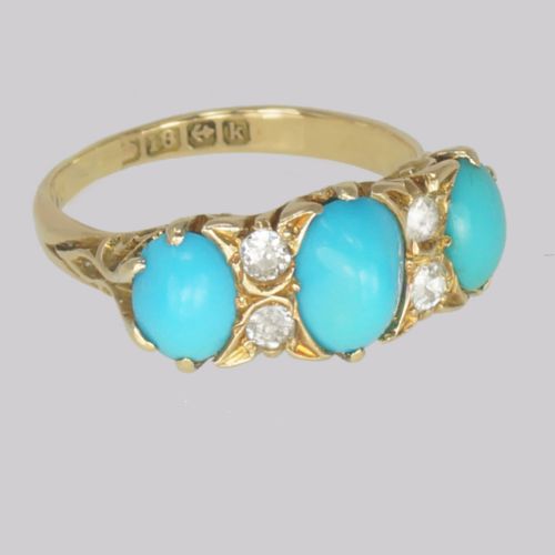 ANTIQUE TURQUOISE OLD CUT DIAMOND RING 18CT GOLD EDWARDIAN RING HALLMARKED BIRMINGHAM 1909 - ADDITIONAL PHOTO 5