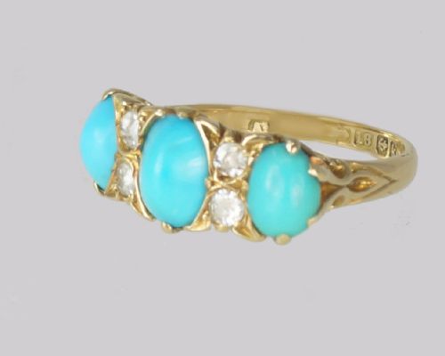 ANTIQUE TURQUOISE OLD CUT DIAMOND RING 18CT GOLD EDWARDIAN RING HALLMARKED BIRMINGHAM 1909 - ADDITIONAL PHOTO 7