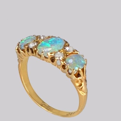 victorian natural opal old cut diamond ring 18ct gold antique trilogy ring - CATEGORY: ANTIQUE JEWELLERY - DATED VICTORIAN