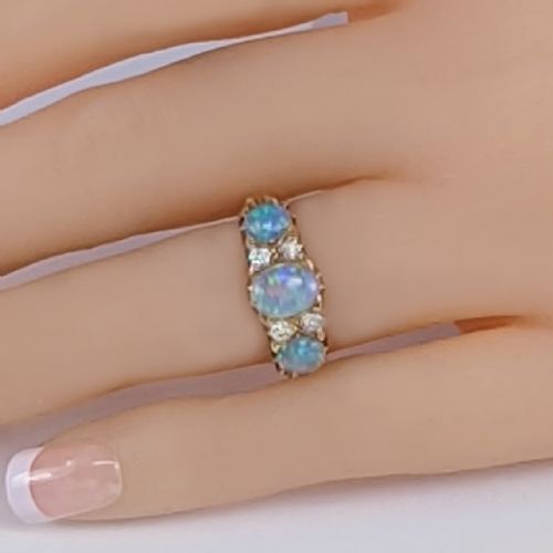 VICTORIAN NATURAL OPAL OLD CUT DIAMOND RING 18CT GOLD ANTIQUE TRILOGY RING - ADDITIONAL PHOTO 1