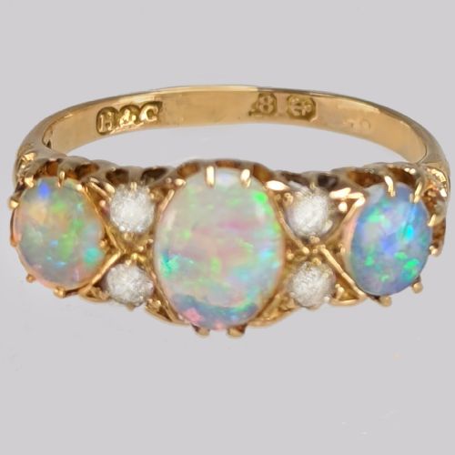 VICTORIAN NATURAL OPAL OLD CUT DIAMOND RING 18CT GOLD ANTIQUE TRILOGY RING - ADDITIONAL PHOTO 2