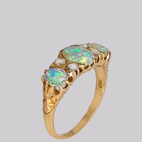 VICTORIAN NATURAL OPAL OLD CUT DIAMOND RING 18CT GOLD ANTIQUE TRILOGY RING - ADDITIONAL PHOTO 4