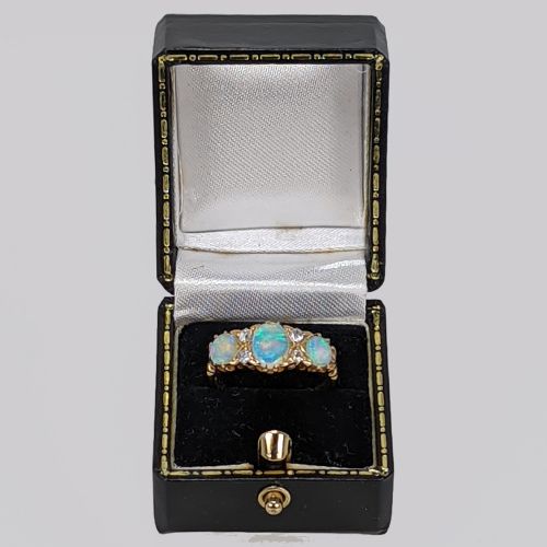 VICTORIAN NATURAL OPAL OLD CUT DIAMOND RING 18CT GOLD ANTIQUE TRILOGY RING - ADDITIONAL PHOTO 7