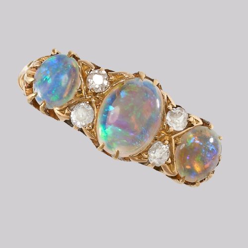 VICTORIAN NATURAL OPAL OLD CUT DIAMOND RING 18CT GOLD ANTIQUE TRILOGY RING - ADDITIONAL PHOTO 9