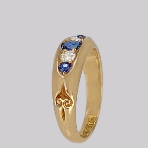 VICTORIAN SAPPHIRE OLD CUT DIAMOND BATEAU RING ANTIQUE 18CT GOLD HALLMARKED CHESTER 1899 - ADDITIONAL PHOTO 1