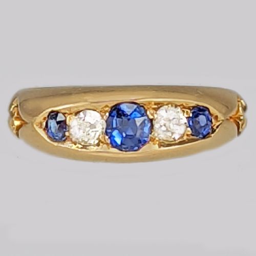 VICTORIAN SAPPHIRE OLD CUT DIAMOND BATEAU RING ANTIQUE 18CT GOLD HALLMARKED CHESTER 1899 - ADDITIONAL PHOTO 2