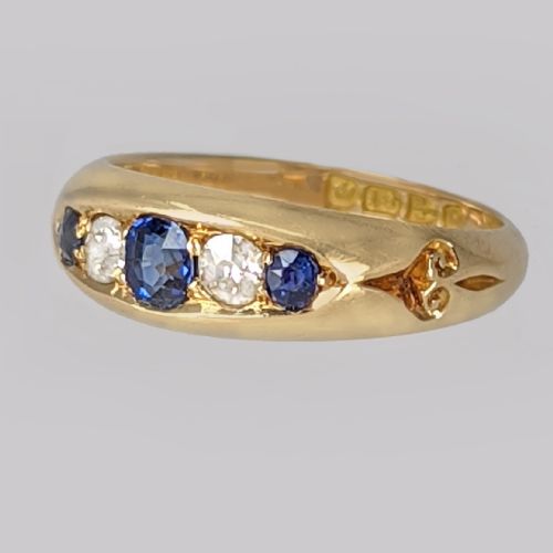 VICTORIAN SAPPHIRE OLD CUT DIAMOND BATEAU RING ANTIQUE 18CT GOLD HALLMARKED CHESTER 1899 - ADDITIONAL PHOTO 3