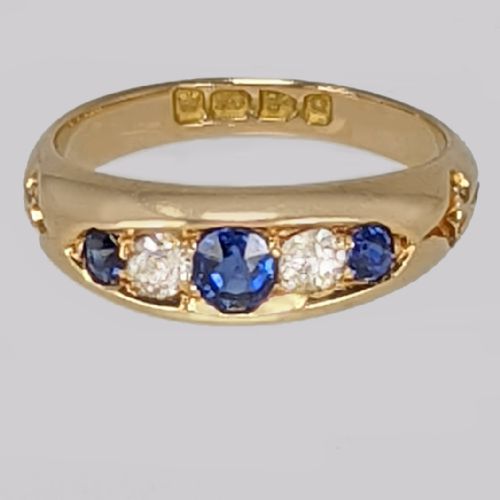 VICTORIAN SAPPHIRE OLD CUT DIAMOND BATEAU RING ANTIQUE 18CT GOLD HALLMARKED CHESTER 1899 - ADDITIONAL PHOTO 4