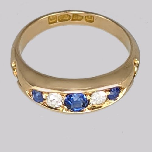 VICTORIAN SAPPHIRE OLD CUT DIAMOND BATEAU RING ANTIQUE 18CT GOLD HALLMARKED CHESTER 1899 - ADDITIONAL PHOTO 5