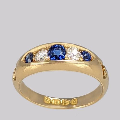 VICTORIAN SAPPHIRE OLD CUT DIAMOND BATEAU RING ANTIQUE 18CT GOLD HALLMARKED CHESTER 1899 - ADDITIONAL PHOTO 8