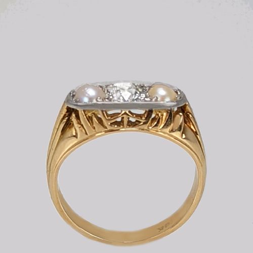 ANTIQUE OLD CUT DIAMOND AND PEARL RING 18CT GOLD VICTORIAN ENGAGEMENT TRILOGY RING - ADDITIONAL PHOTO 3