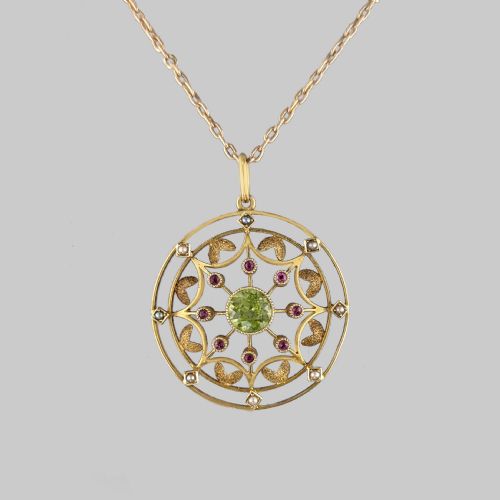 edwardian peridot ruby pearl pendant vintage 15ct gold art nouveau necklace - CATEGORY: ANTIQUE JEWELLERY - DATED EDWARDIAN