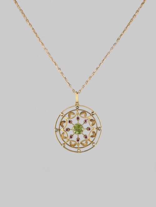 EDWARDIAN PERIDOT RUBY PEARL PENDANT VINTAGE 15CT GOLD ART NOUVEAU NECKLACE - ADDITIONAL PHOTO 1
