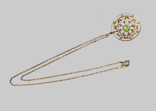 EDWARDIAN PERIDOT RUBY PEARL PENDANT VINTAGE 15CT GOLD ART NOUVEAU NECKLACE - ADDITIONAL PHOTO 2