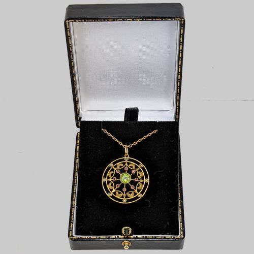EDWARDIAN PERIDOT RUBY PEARL PENDANT VINTAGE 15CT GOLD ART NOUVEAU NECKLACE - ADDITIONAL PHOTO 3