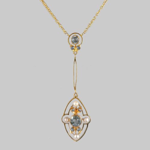 edwardian aquamarine pearl necklace 15ct gold antique foliate pendant circa 1910 - CATEGORY: ANTIQUE JEWELLERY - DATED EDWARDIAN