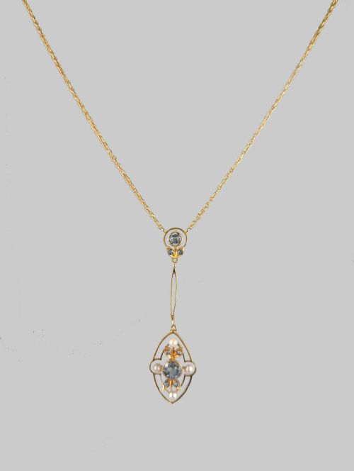 EDWARDIAN AQUAMARINE PEARL NECKLACE 15CT GOLD ANTIQUE FOLIATE PENDANT CIRCA 1910 - ADDITIONAL PHOTO 1