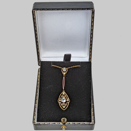 EDWARDIAN AQUAMARINE PEARL NECKLACE 15CT GOLD ANTIQUE FOLIATE PENDANT CIRCA 1910 - ADDITIONAL PHOTO 2