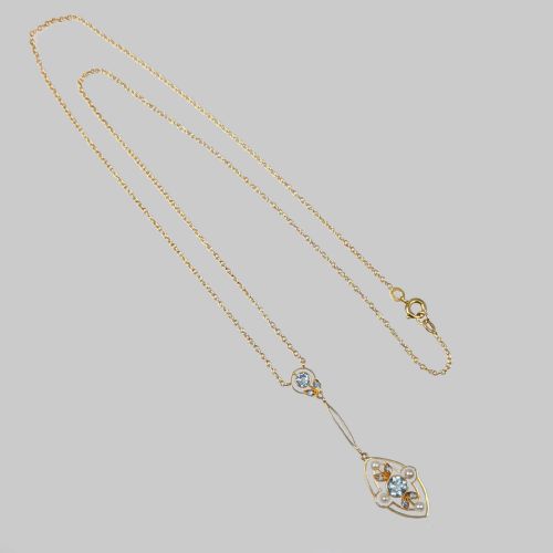 EDWARDIAN AQUAMARINE PEARL NECKLACE 15CT GOLD ANTIQUE FOLIATE PENDANT CIRCA 1910 - ADDITIONAL PHOTO 3