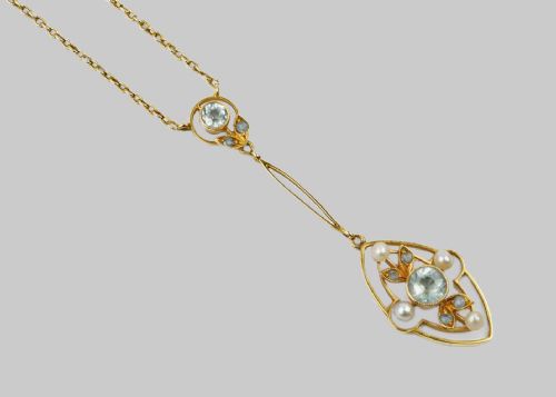 EDWARDIAN AQUAMARINE PEARL NECKLACE 15CT GOLD ANTIQUE FOLIATE PENDANT CIRCA 1910 - ADDITIONAL PHOTO 4