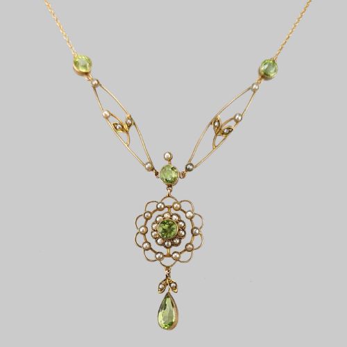 edwardian peridot seed pearl necklace antique 9ct gold floral necklace - CATEGORY: ANTIQUE JEWELLERY - DATED EDWARDIAN