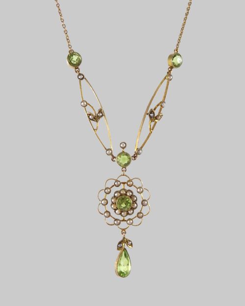 EDWARDIAN PERIDOT SEED PEARL NECKLACE ANTIQUE 9CT GOLD FLORAL NECKLACE - ADDITIONAL PHOTO 1