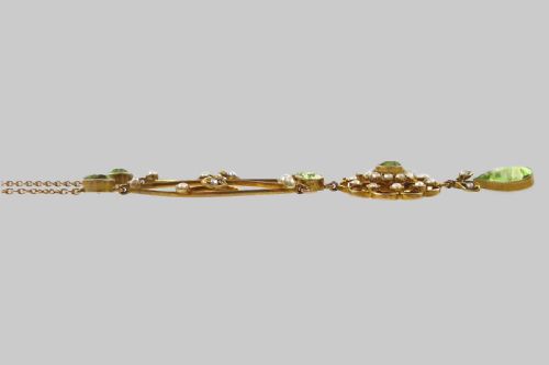 EDWARDIAN PERIDOT SEED PEARL NECKLACE ANTIQUE 9CT GOLD FLORAL NECKLACE - ADDITIONAL PHOTO 5