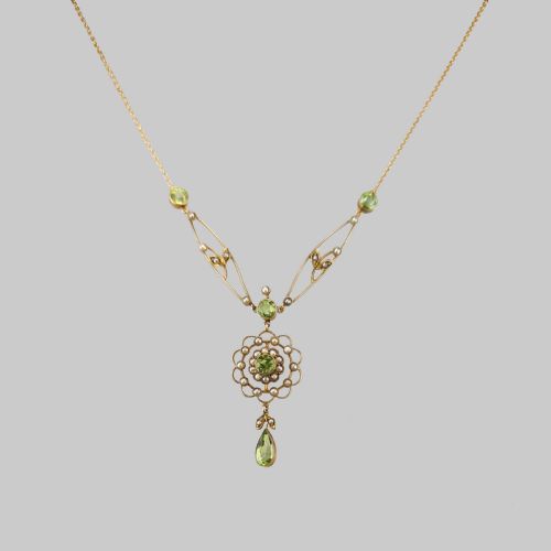 EDWARDIAN PERIDOT SEED PEARL NECKLACE ANTIQUE 9CT GOLD FLORAL NECKLACE - ADDITIONAL PHOTO 7
