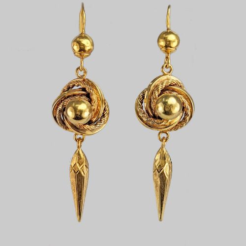 victorian 18ct gold drop earrings antique lovers knot etruscan revival long dangling earrings - CATEGORY: ANTIQUE JEWELLERY - DATED VICTORIAN