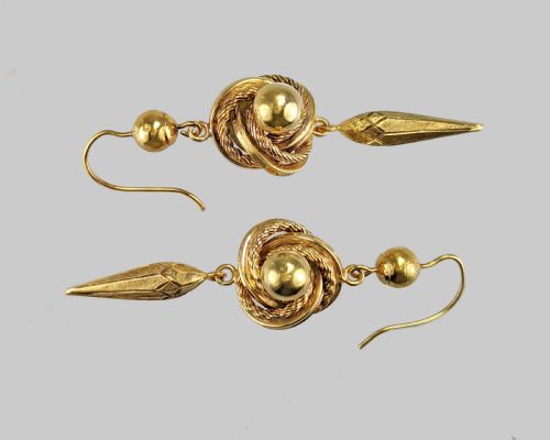 VICTORIAN 18CT GOLD DROP EARRINGS ANTIQUE LOVERS KNOT ETRUSCAN REVIVAL LONG DANGLING EARRINGS - ADDITIONAL PHOTO 2