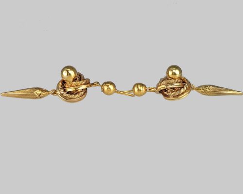 VICTORIAN 18CT GOLD DROP EARRINGS ANTIQUE LOVERS KNOT ETRUSCAN REVIVAL LONG DANGLING EARRINGS - ADDITIONAL PHOTO 3