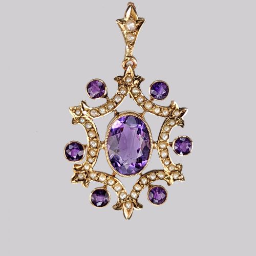 edwardian amethyst pearl pendant vintage 9ct gold antique pendant circa 1905 - CATEGORY: ANTIQUE JEWELLERY - DATED EDWARDIAN