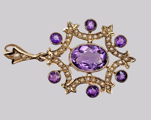 EDWARDIAN AMETHYST PEARL PENDANT VINTAGE 9CT GOLD ANTIQUE PENDANT CIRCA 1905 - ADDITIONAL PHOTO 2