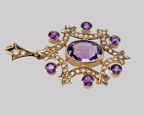 EDWARDIAN AMETHYST PEARL PENDANT VINTAGE 9CT GOLD ANTIQUE PENDANT CIRCA 1905 - ADDITIONAL PHOTO 3