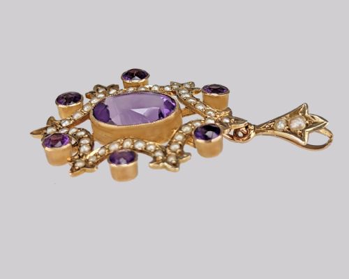 EDWARDIAN AMETHYST PEARL PENDANT VINTAGE 9CT GOLD ANTIQUE PENDANT CIRCA 1905 - ADDITIONAL PHOTO 4