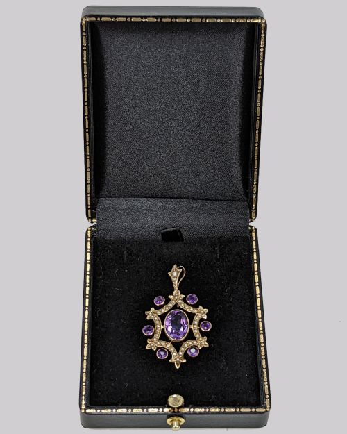 EDWARDIAN AMETHYST PEARL PENDANT VINTAGE 9CT GOLD ANTIQUE PENDANT CIRCA 1905 - ADDITIONAL PHOTO 6