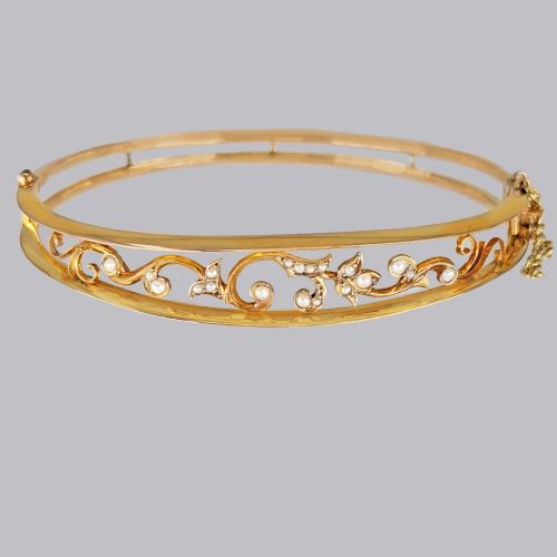 edwardian pearl bangle 9ct gold antique split pearl floral bracelet circa 1910 - CATEGORY: ANTIQUE JEWELLERY - DATED EDWARDIAN