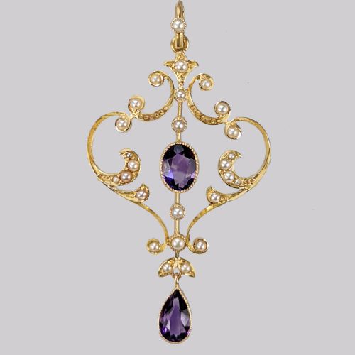 antique amethyst seed pearl pendant edwardian 9ct gold vintage pendant ca 1910 - CATEGORY: ANTIQUE JEWELLERY - DATED EDWARDIAN