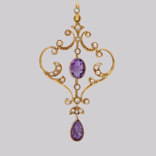 ANTIQUE AMETHYST SEED PEARL PENDANT EDWARDIAN 9CT GOLD VINTAGE PENDANT CA 1910 - ADDITIONAL PHOTO 2